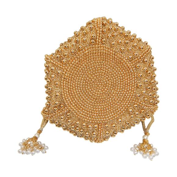 Ramla Handcrafted Lotus Pearl Beaded Embellished Potli Bag Gold - Picture 5 of 9
